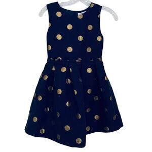 Lands End Girls Navy Gold Polka Dot Sleeveless Event Special Occasion dress 12